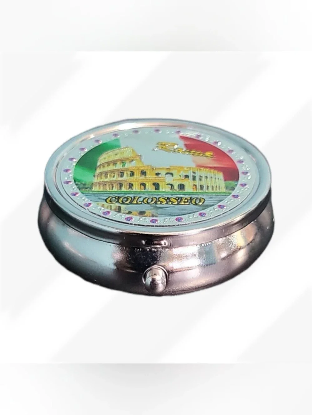 Trinket Pill Box Rome Italy Colosseum Travel Metal Hinged Round 3 Compartments